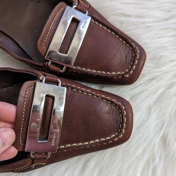 Prada Brown Leather Loafers Silver Buckle 38 - Picture 2 of 7